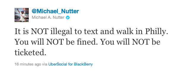 Screen-shot-2011-07-19-at-11.14.23-AM **UPDATE** Mayor @Michael_Nutter Says "It is Not Illegal To Text & Walk In Philly"  